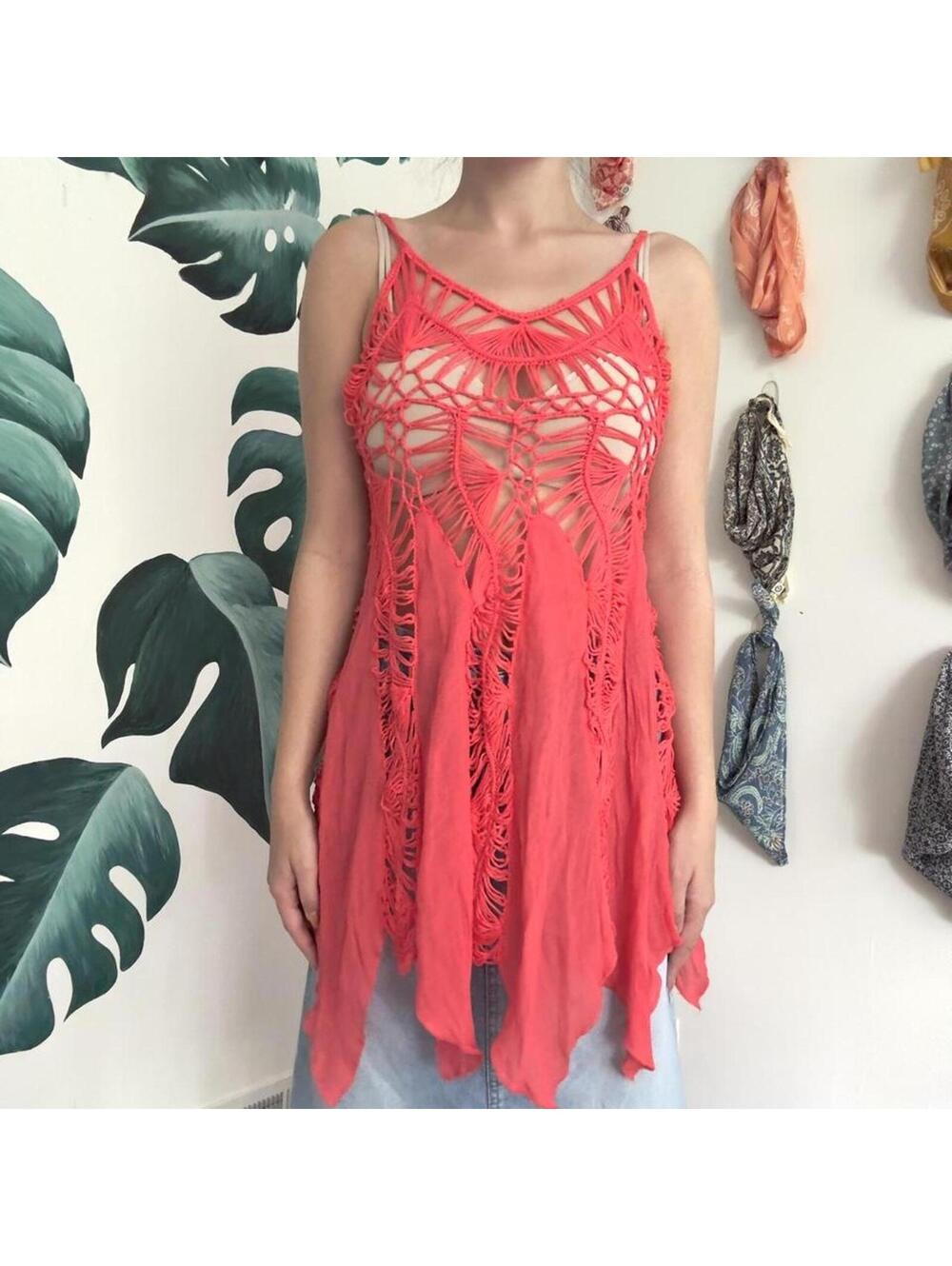 Y2k Coral Crochet Tank Top